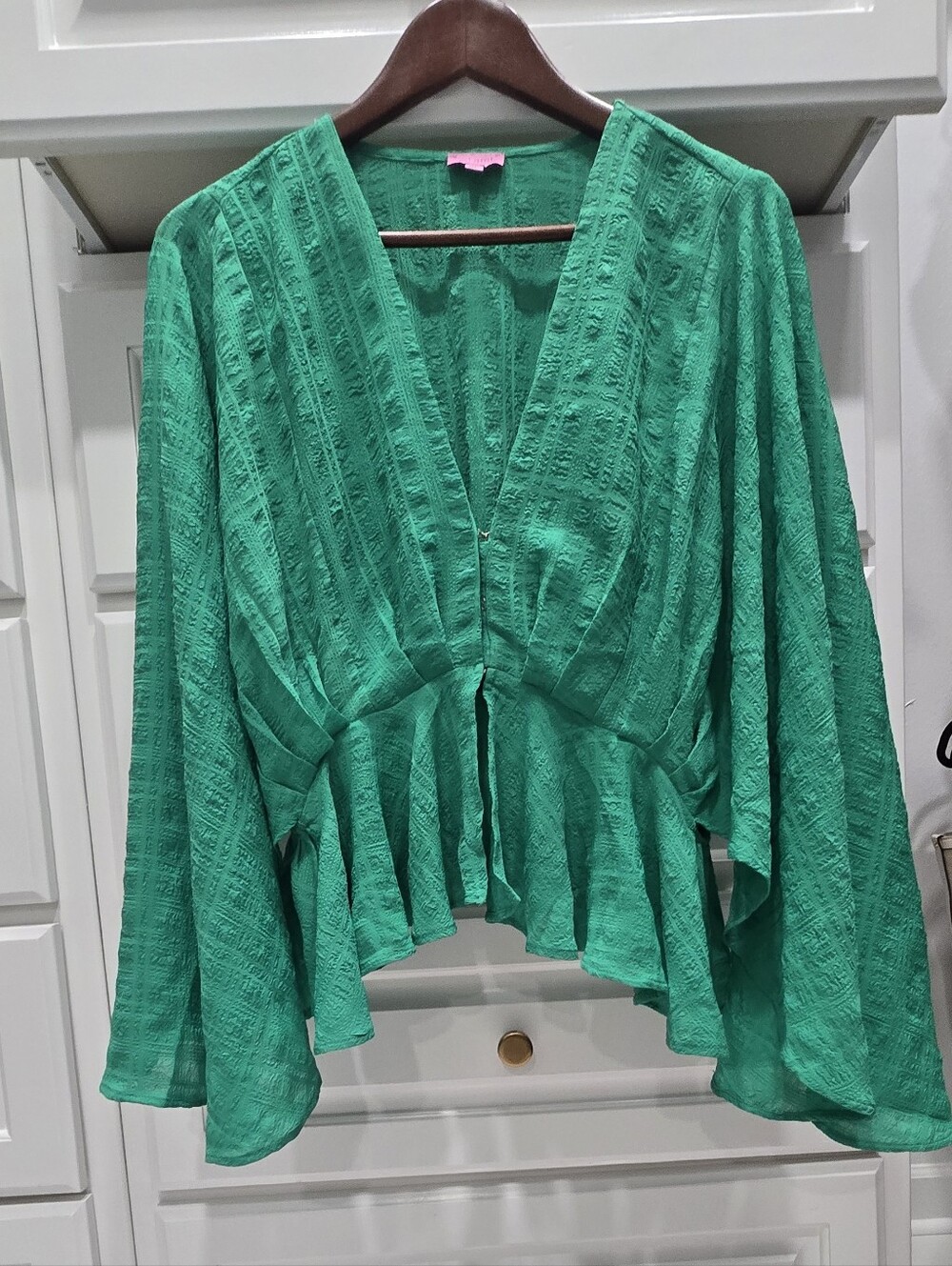 Mi Ami for Francesca's Green Textured Bell Sleeve Peplum Blouse XL Boho Festival